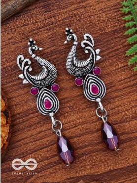 The Prancing Peacock- Embellished Oxidized Earrings (Magenta and Lavender) 