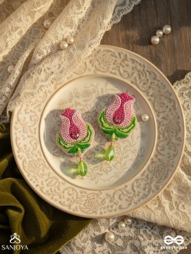 Ambuda- The Lotus Bud- Resham and Glass Drops Embroidered Earrings