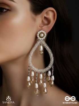 Ashvasya - The Boundless Beauty -  Pearl And Glass Drops Hand Embroidered Earrings (White)