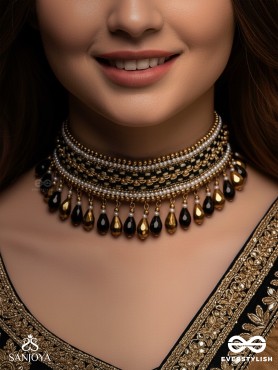 Nishakanta - The Beloved Of Night - Beads And Glass Drops Hand Embroidered Choker Neckpiece