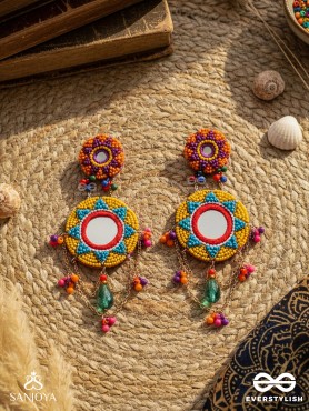 Rashmivat - The Golden Sun - Mirrors, Resham And Beads Hand Embroidered Earrings