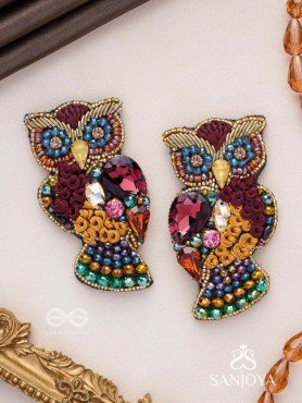 Krushika - The Majestic Owl - Stones, Resham And Beads Hand Embroidered Earrings