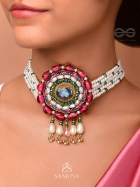 Praatika- The China Rose - Stone,  Beads And Pearl Drops Hand Embroidered Choker Neckpiece