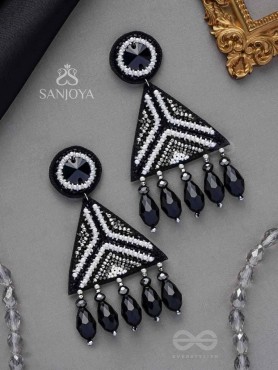 Shwetaka - The Gleaming Night - Stone, Beads And Glass Drops Hand Embroidered Earrings (Black & White)