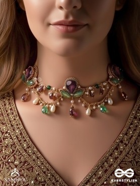 Aabharan - The Royal Ornament - Stones, Beads, Glass And Pearl Drop Embroidered Neckpiece With Anti-Tarnish Coating