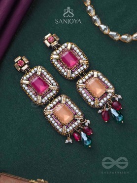 Ananyadharana - The Exclusive Adornment - Stones, Beads And Glass Drops Hand Embroidered Earrings