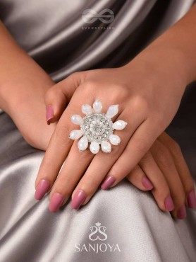 Tejovat - Glimmering White Brilliance - Stone, Beads And Glass Drops Hand Embroidered Ring (Adjustable)
