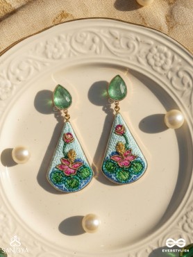 Padmalatā - Lotus Vine Hand-embroidered earrings with Cutdana, Dabka and Resham thread work 