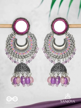 Muktavali - The Ethereal Symphony - Mirror And Beads Hand Embroidered Oxidised Earrings
