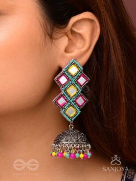 Vasantak - The Vibrant Kites- Mirrors, Resham And Beads Hand Embroidered Oxidised Jhumka Earrings