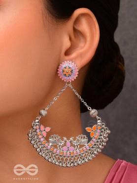 Mystical Peacocks In Coral - Enamelled Oxidised Earrings