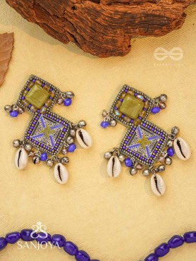 Dvikarani - The Sea Sky - Stone, Shells And Beads Enamelled Hand Embroidered Oxidised Earrings