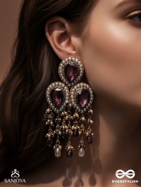 Anukrus - The Rosy Rain - Stone And Beads Hand Embroidered Earrings