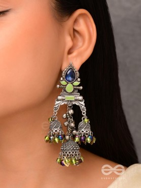 The Peacock Hues - Stone And Beads Enamelled Oxidised Earrings