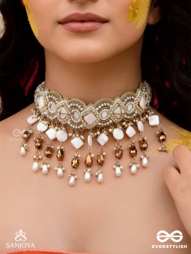 Devasattra- The Festive Downpour- Mirrors, Beads, Pearl And Glass Drops Hand Embroidered Choker Neckpiece