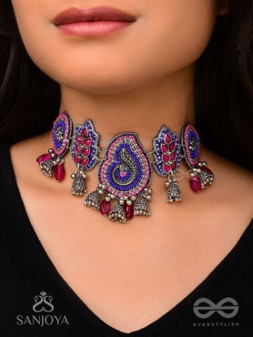 Strimaye - The Passionate Femininity - Beads And Stones Hand Embroidered Oxidised Neckpiece