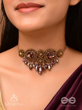 Aujasika- The Rusty Vigor- Stones, Beads And Glass Drops Hand Embroidered Choker Neckpiece
