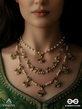 VARSHALEKHA - RAINFALL STROKES - ROYAL HERITAGE MULTI-STRAND KUNDAN NECKLACE WITH PEARL STRINGS AND POLKI DROPS