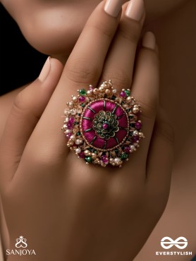 Bibhrat - The Luminous Pink - Resham, Beads And Dabka Hand Embroidered Ring (Adjustable)