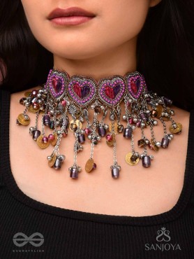 Prageet - Song Of The Hearts - Resham, Dabka, Beads And Coins Hand Embroidered Oxidised Choker Neckpiece