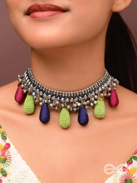 Drops Of Intricacy - Beads And Coins Oxidised Hand Embroidered Choker Neckpiece