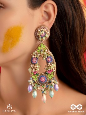 MANJUSUMANA - BEAUTIFUL BLOSSOM - SEQUINS, BEADS AND GLASS DROPS HAND EMBROIDERED EARRINGS