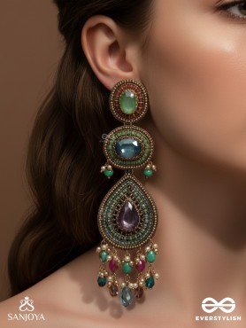 Adhirajani - The Night Stories - Stones, Beads And Glass Drops Hand Embroidered Earrings