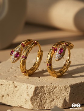 CRIMSON SERPENT - 18K GOLD PLATED ANTI-TARNISH STATEMENT GOLDEN SNAKE SHAPED EARRINGS INLAID WITH CUBIC ZICRONIA STONES