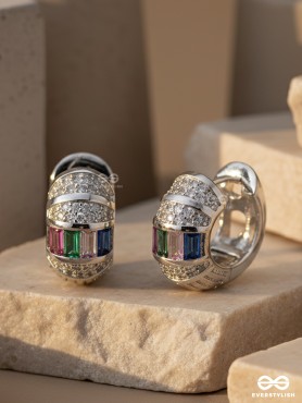 GLEAMING BAND - SILVER PLATED ANTI-TARNISH BOLD HOOPS EARRINGS INLAID WITH CUBIC ZICRONIA STONES