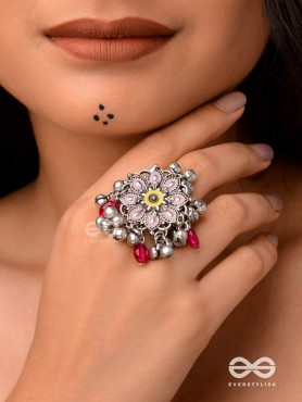 Autumn Leaf Ring-  Enamelled Adjustable Oxidized Beaded Ring