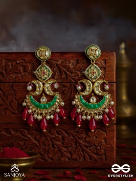 CHANDRAPRIYA " BELOVED OF THE MOON" GOLD LIKE DESIGN WITH A BLEND OF PEARLS, KUNDAN, VIBRANT RED DROPS AND CRESCENT MOTIFS