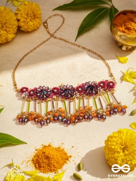 VARNAMALA ABHUSHANA - ADORNMENT OF COLORS - FLORAL MOTIFS, BEADWORK, GLASS DROPS WITH GOLDEN DETAILING CHOKER NECKPIECE
