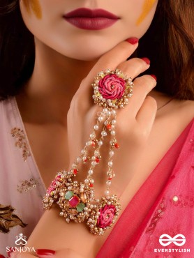 GULRATNA - JEWEL OF ROSES - HANDCRAFTED ROSE HAATHPHOOL WITH BEADED FRINGES, PEARLS AND GEM DETAILS