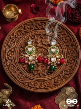 KIRANMALA – GARLAND OF RAYS- EXQUISITE ENAMELLED KUNDAN EARRINGS WITH MULTICOLORED DROPS AND PEARLS