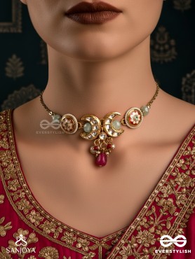 SHONAPRABHA- RADIANCE OF GOLD AND RED- HANDCRAFTED KUNDAN CHOKER  WITH GOLDEN MOONS AND RED BEADS