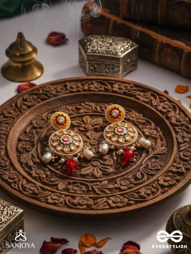 DIVYANJALI - DIVINE OFFERING-  KUNDAN, PEARLS, AND RED STONES HANDMADE EARRINGS