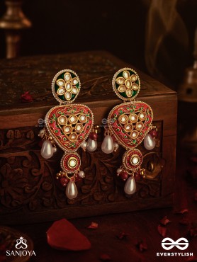 SUNDARIKA - BEAUTIFUL ONE - INTRICATE KUNDAN EARRINGS WITH ENAMEL WORK AND PEARL DROPS