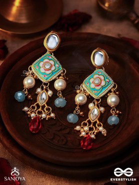 ANUPAMA - INCOMPARABLE BEAUTY - STATEMENT ENAMELLED KUNDAN EARRINGS WITH DAZZLING PEARLS, BEADS AND GEMS