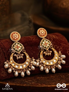 VIBHAVATI - ADORNED WITH RICHNESS - EXQUISITE KUNDAN EARRINGS WITH ENAMELLED POLKI DESIGN, PEARLS AND GEMSTONES