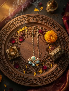 VARUNIKA - GODDESS OF WATER - GRACEFUL BLUE ENAMEL KUNDAN MAANGTIKA WITH LUSTROUS DROPS