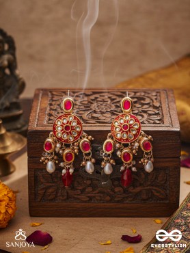 AGNITA - FIERY BEAUTY - INTRICATE KUNDAN RED POLKI EARRINGS WITH PEARLS AND GEM FRINGES