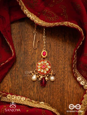 AGNITA - FIERY BEAUTY - INTRICATE KUNDAN RED POLKI MAANGTIKA WITH PEARLS AND GEM FRINGES