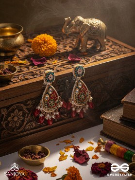 SUVARNAPUSHPA - GOLDEN BLOSSOM - LUXURIOUS HERITAGE KUNDAN EARRINGS WITH RED AND BLUE ENAMEL WORK, PEARLS AND BEADS