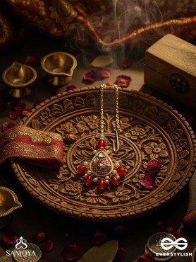 SUVARNAPUSHPA - GOLDEN BLOSSOM - LUXURIOUS HERITAGE KUNDAN MAANGTIKA WITH RED AND BLUE ENAMEL WORK, PEARLS AND BEADS