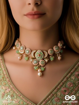 HARITRINA - VERDANT BEAUTY - KUNDAN DAINTY GOLDEN NECKLACE WITH HANDCRAFTED FLORAL ENAMEL WORK