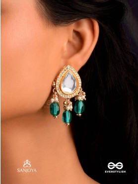 INDRANEELA - BLUE SAPPHIRE GLOW - ROYAL KUNDAN POLKI EARRINGS WITH SPARKLING TEAL GEMSTONES
