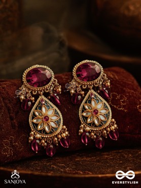 SINDURINI - VERMILION GRACE - STATEMENT KUNDAN POLKI EARRINGS WITH RED GEMSTONES AND ENAMEL ACCENTS