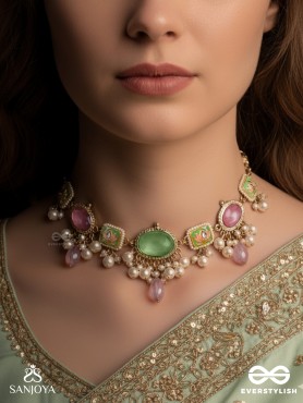 MRINALIKA - LOTUS PETAL - GRACEFUL ENAMELLED HANDCRAFTED KUNDAN NECKLACE WITH SOFT PASTEL GEMSTONES
