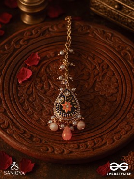SANDHYAPRIYA - LOVER OF DUSK - EXQUISITE GOLDEN ENAMELLED KUNDAN MAANGTIKA WITH LUSTROUS ORANGE GEM DROPS