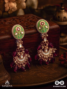 PUSHPALEKHA - STROKES OF FLOWERS - INTRICATE FLORAL ENAMELLED KUNDAN EARRINGS WITH RUBY BEADS